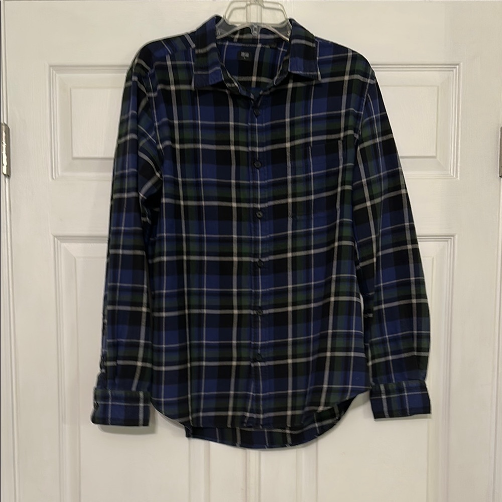 UNIQLO weighted cotton
melange Blue and Green Plaid Flannel Men's Shirt